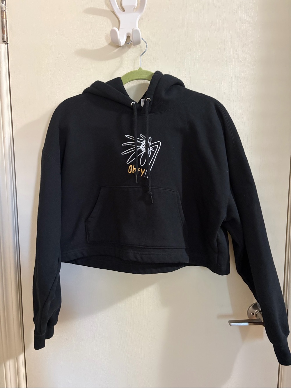 Obey Black Cropped Hoodie with Embroidered Graphic